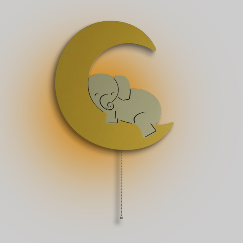 Elephant Moon Wooden Nursery Wall Lamp