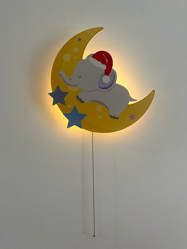 Christmas Elephant Moon Wooden Wall Lamp